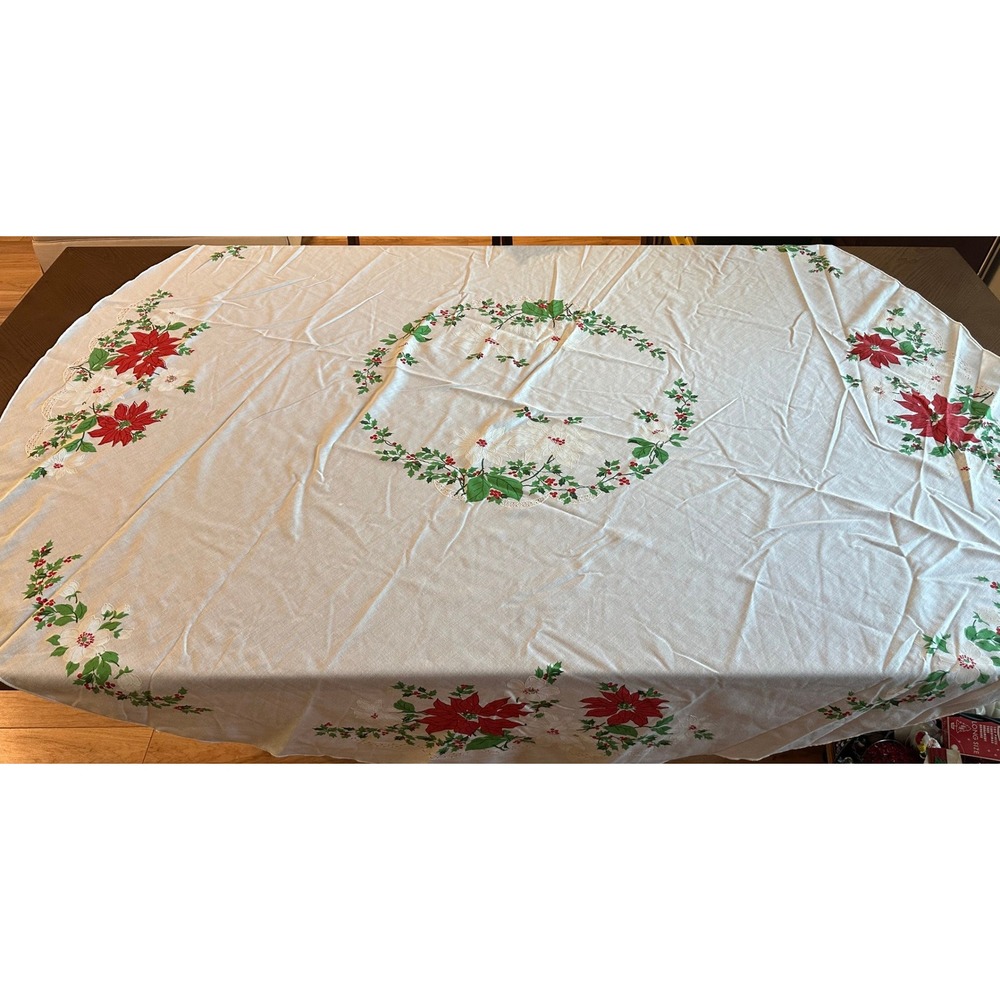 Vintage Christmas Poinsettia Holly Wreath‎ Round Tablecloth White Red Green 72"